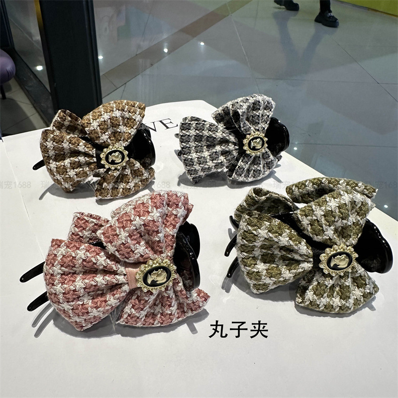 雙面千鳥格蝴蝶結抓夾女法式半扎發頭飾後腦勺丸子頭髮卡頂夾髮飾