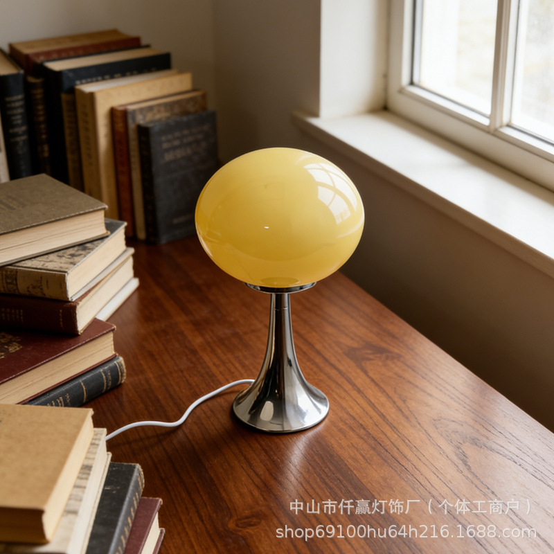Bauhaus retro round glass table lamp with metal base, bedside ambient light, desktop decorative lamp, night light, cross-border