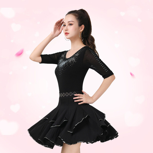 Square dance modern dance top new style female butterfly diamond round neck three-quarter sleeves Latin dance costume jitterbug suit