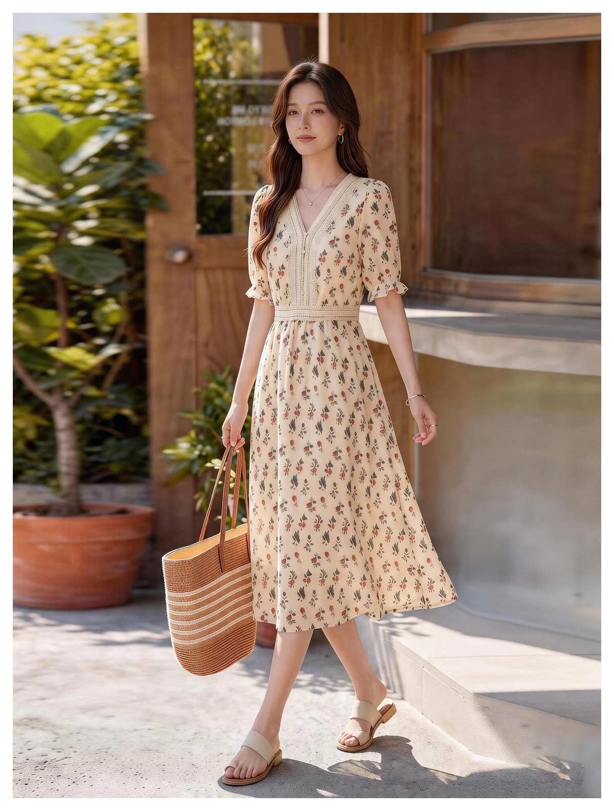 Đầm maxi nữ thắt eo tay ngắn cổ V in họa tiết dáng dài — màu be, màu trắng chi tiết 18