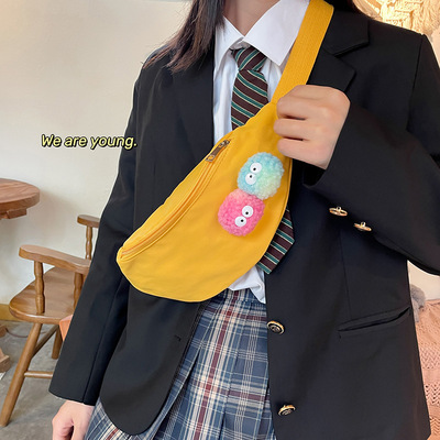 2021新款潮日系韩版ins可爱精灵毛球胸包软妹女包单肩斜挎包腰包