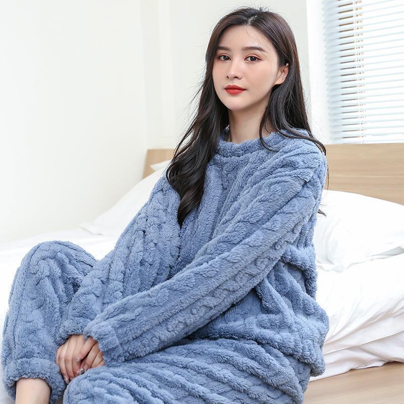 保暖纯色法兰绒舒棉绒家居服女提花新款睡衣套装长袖加厚冬情侣款|undefined