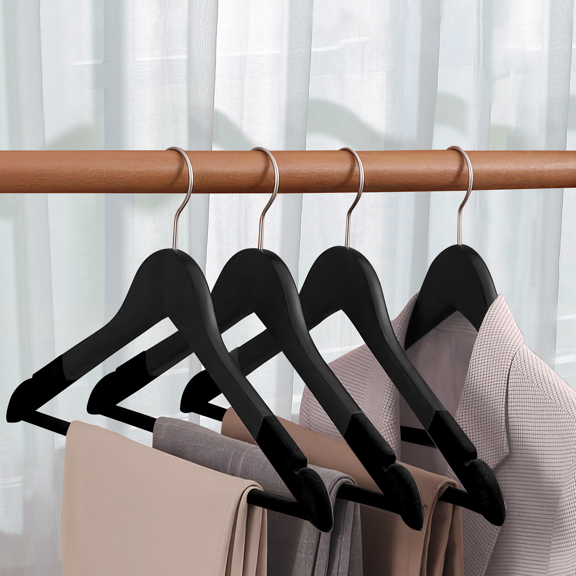 Perchas de madera negra de madera maciza, ropa de madera, tiendas de ropa de hotel, ropa de adultos colgando, ropa de soporte al por mayor