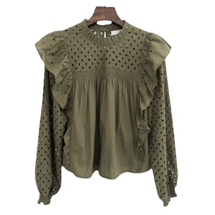 Fadan M Home 2023 Spring and Summer New French Design Sense Heavy Industry Hollow Ruffled Long Sleeve Elegant All-match Top
