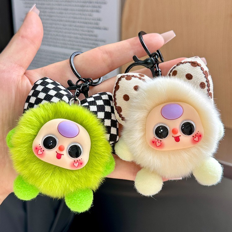 New Imitation Rex Rabbit Bow Small Coal Ball Car Keychain Pendant Exquisite Doll Cartoon Doll School Bag Bag Pendant