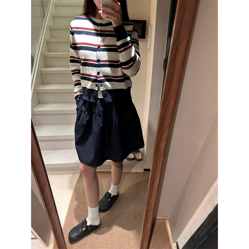 实价现货韩系撞色条纹圆领针织开衫女春季小个子宽松显瘦减龄上衣|undefined