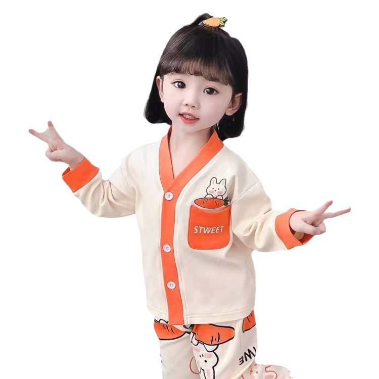 소녀의 새 봄과 여름 옷 2024 여자 한국 스타일 서양식 홈 옷 세트 소녀 잠옷 투피스 세트