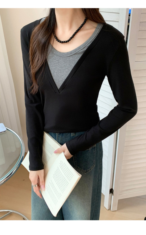 撞色拼接假两件长袖t恤男女2025秋季新款修身显瘦休闲上衣打底衫|undefined