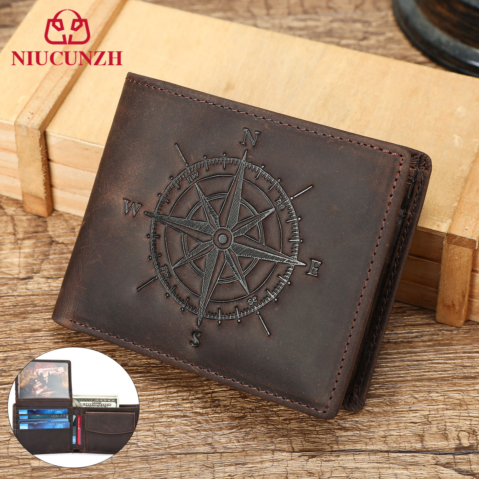 Amazon's Best-Selling High-Quality Genuine Leather Short Wallet Multi-Functional Anti-Theft Wallet Compass Pattern Design Wallet