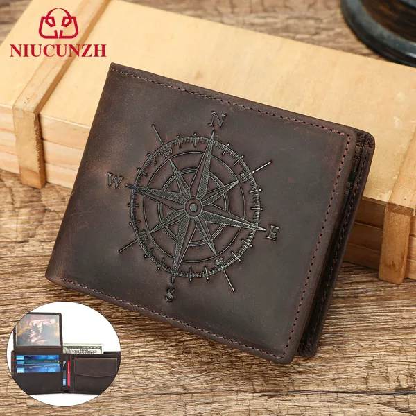 Amazon's Best-Selling High-Quality Genuine Leather Short Wallet Multi-Functional Anti-Theft Wallet Compass Pattern Design Wallet