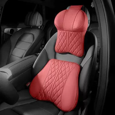 Waist support: Cushion, Car Sleeping Lumbar Support - premium-nappa-leather-memory-foam-headrest-x-1-lumbar-support-x-1-burgundy-no-specifications