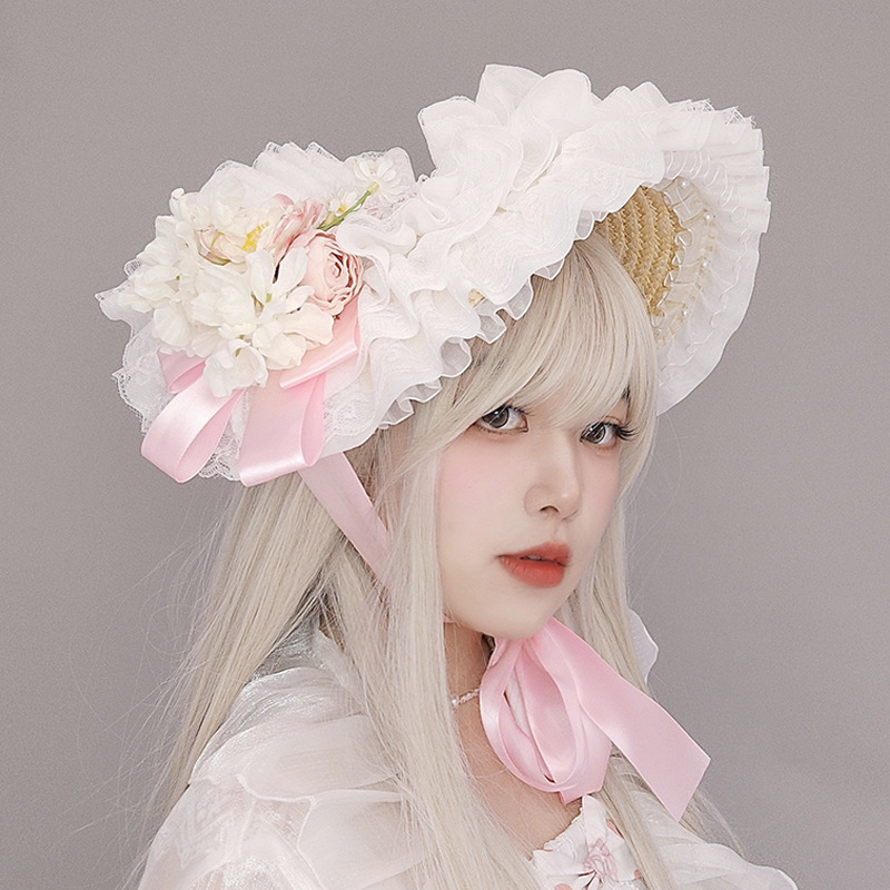 Cappello da Lolita francese fatto a mano per ragazza, copricapo da festa del tè, Ponet BNT, design originale, cappello di paglia pastorale_voghion.com