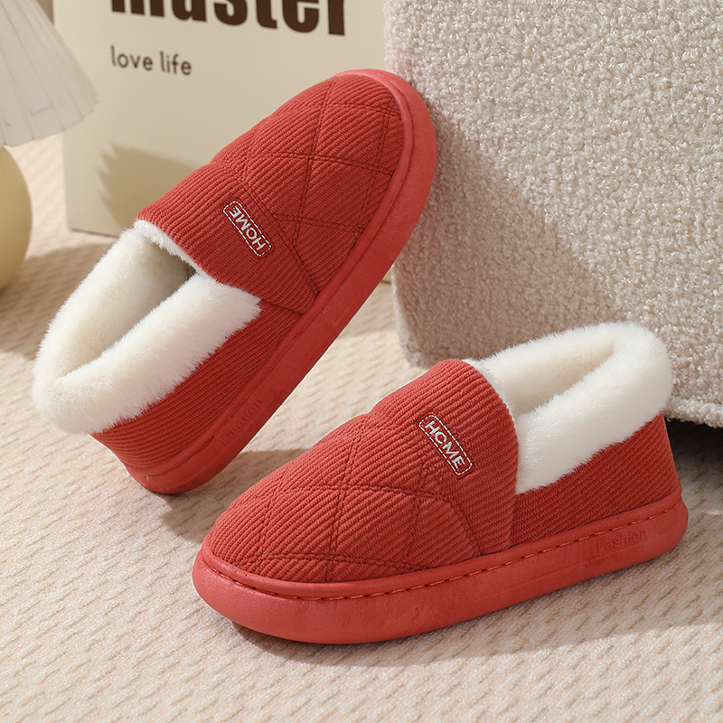 Thickened Corduroy Cotton Slippers for Home, Warm, Non-Slip, Thick-Soled Indoor Couple's Autumn and Winter Cotton Shoes with Heel Cover