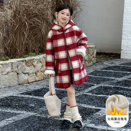 女童红色格子大衣加绒款2025新款女孩大童超好看加厚保暖呢子外套