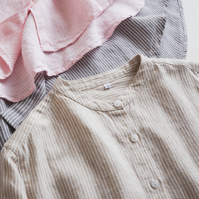 Yarn-dyed striped stand-up collar shirt, washed pure linen, artistic, suitable for commuting, age-reducing, loose, simple, three-quarter sleeve top 833