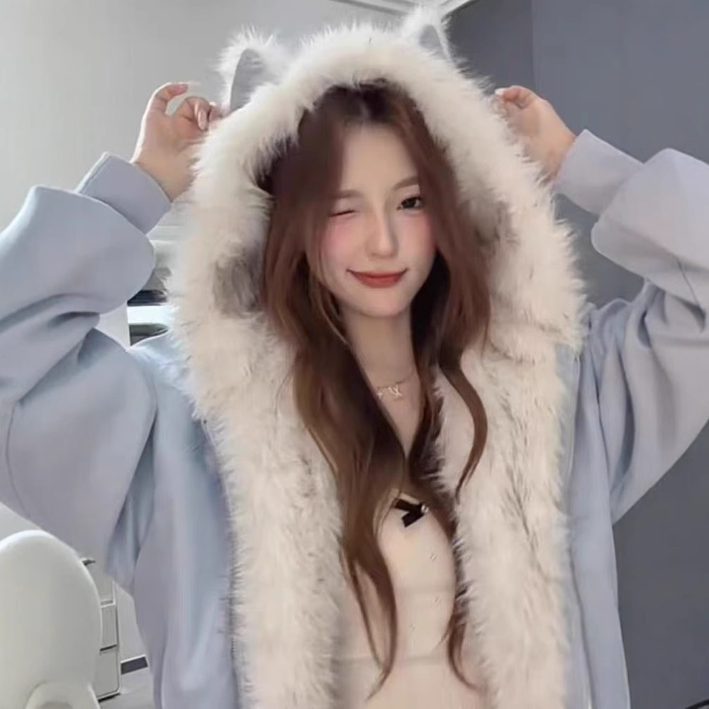 座山雕麂皮毛领猫耳朵棉服男女2025冬季新款情侣cleanfit保暖棉衣