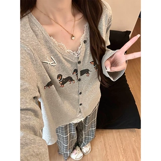 可爱小狗印花蕾丝花边睡衣女春秋季新款长袖长裤家居服套装可外穿