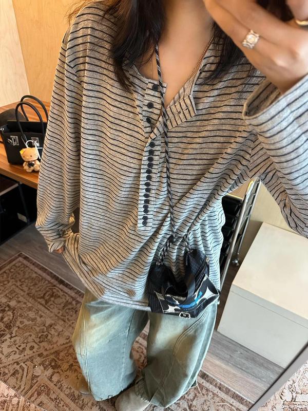 灰色条纹排扣宽松慵懒长袖T恤女2025秋季设计感百搭显瘦防晒上衣|undefined