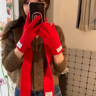 South Korea New Gloves Fine Scarf 2-piece Set suit Autumn and Winter Warm Rabbit Fur Finger Gloves Narrow Scarf