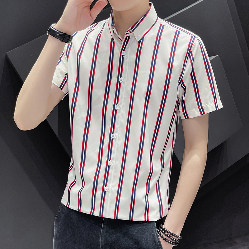 Hong Kong Style Lapel Striped Short-sleeved Shirt Men's Trendy Brand Slim-fit Middle-aged Top Summer Urban Casual Men's Shirt Hong Kong Style Lapel Striped Short-sleeved Shirt Men's Trendy Brand Slim-fit Middle-aged Top Summer Urban Casual Men's Shirt