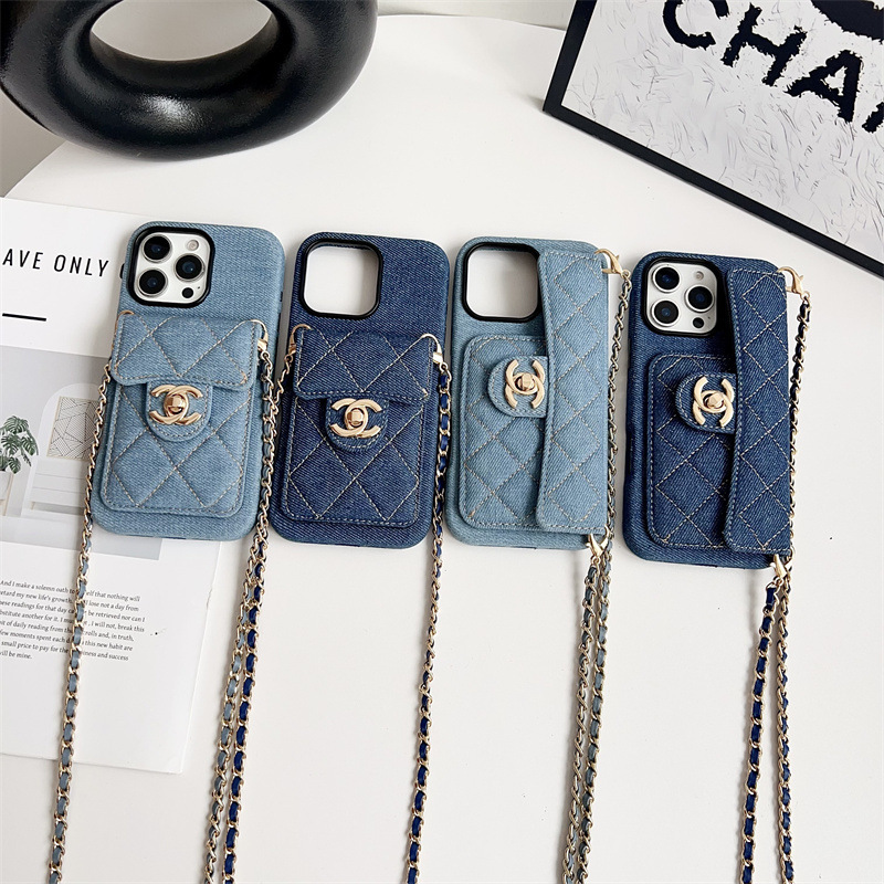 iPhone 16 Pro Max 携帯電話ケースに適した新しいデニム刺繍ゴールドロックカードホルダーオールインクルーシブ携帯電話ケース|undefined