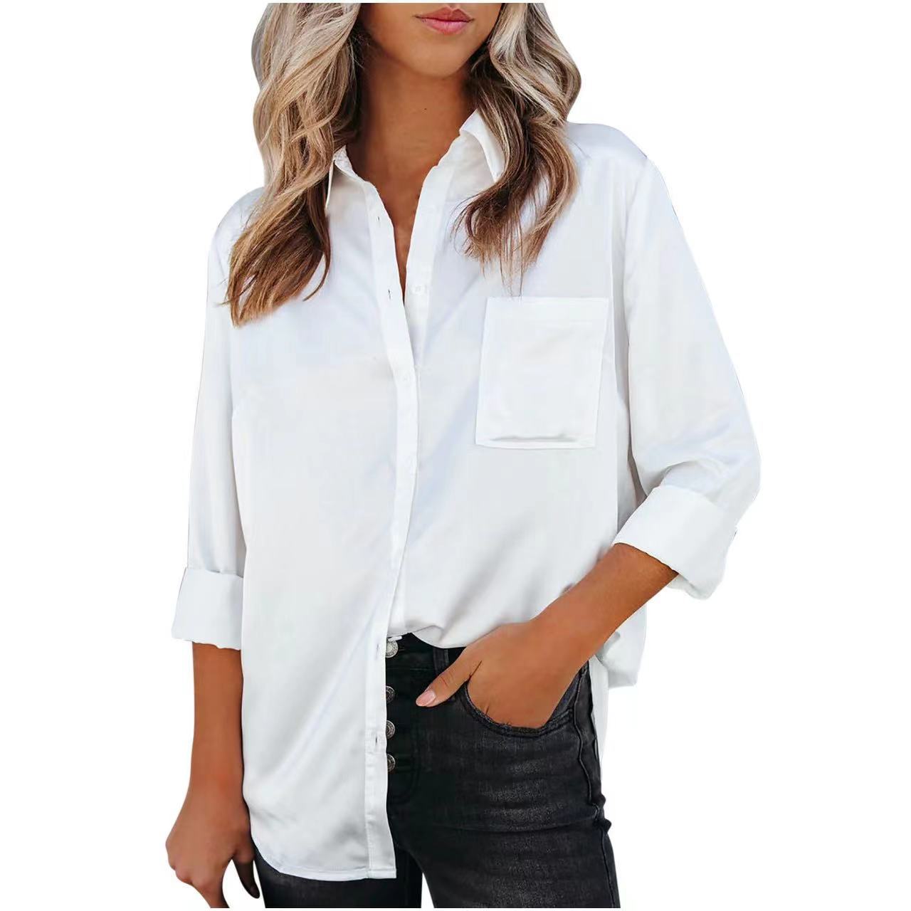 Camisa de Manga Larga con Solapa, Color Sólido, Elegante, para Primavera/Verano 2026, Estilo Europeo y Americano, Cardigan de Satén