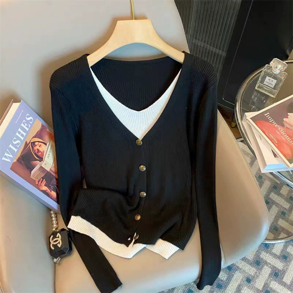 [80-180 кг] Новые пуговицы поддельные два трикотажа кардиган женский шитый модный тонкий большой размер трикотаж с длинными рукавами