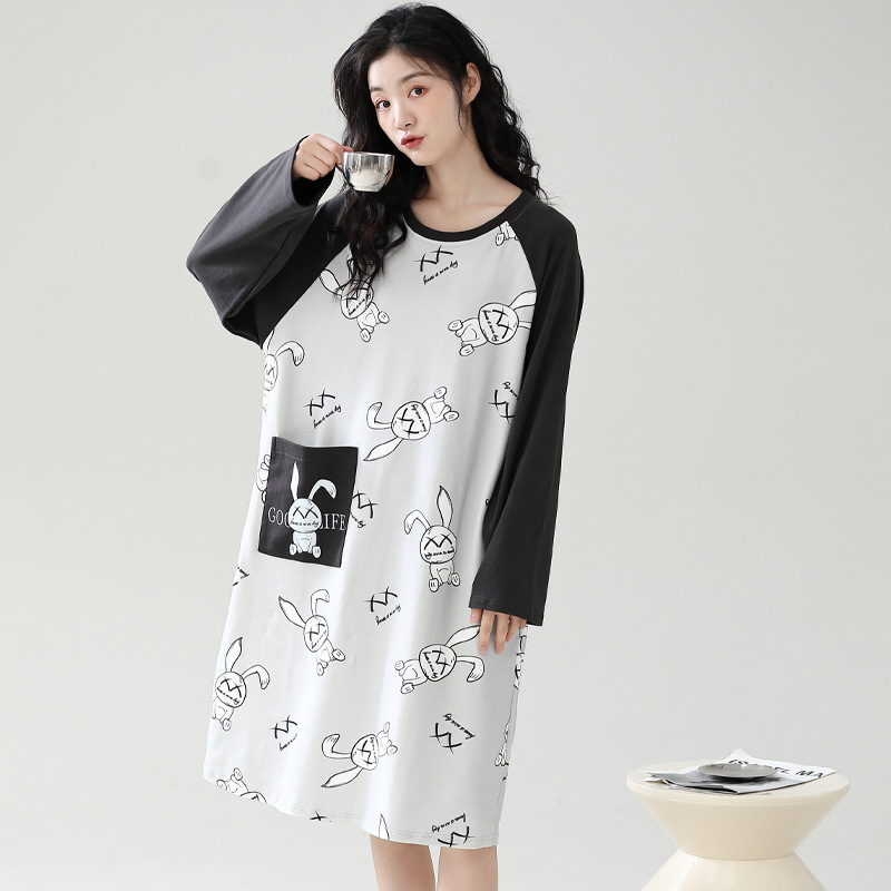 Camisón con almohadilla en el pecho Otoño e Invierno de las mujeres de manga larga de algodón puro pijamas de niña linda al por mayor de fábrica dulce directo se puede usar fuera