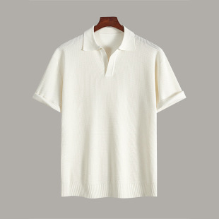 2025 New Solid Color Simple Seagull Lapel Old Money Style Pearl Rib Sports Knitted Short Sleeve Polo Shirt