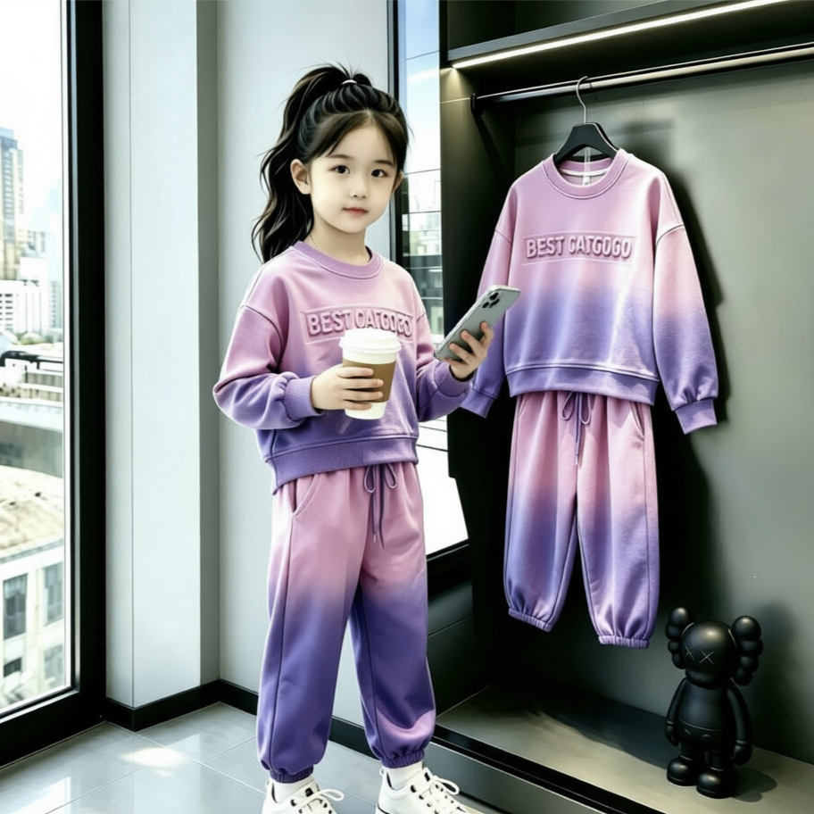 女童秋季套装2025新款时髦洋气中大童炸街渐变色卫衣裤子两件套潮