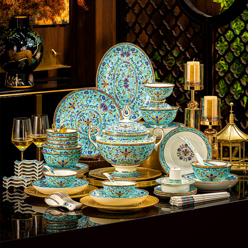 Jingdezhen Enamel Tableware Set for Home Use, Gold-Rimmed Light Luxury Housewarming Gift, High-End Gift Box for Bowls and Plates Jingdezhen Enamel Tableware Set for Home Use, Gold-Rimmed Light Luxury Housewarming Gift, High-End Gift Box for Bowls and Plates