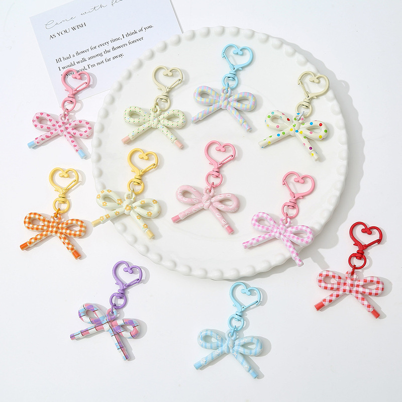 Macaron Heart Bow Pendant Ins Style Plaid Bow Keychain Girly Heart Bag Charm Wholesale