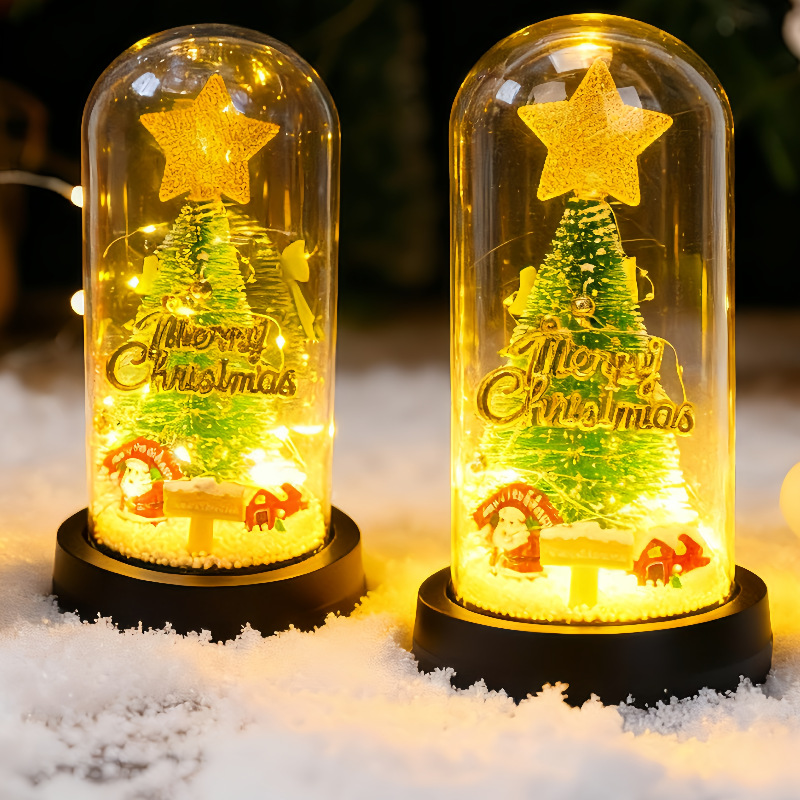創意新品クリスマスプレゼントガラスカバークリスマスツリー装飾デスクトップ小置物ledライト発光オルゴール