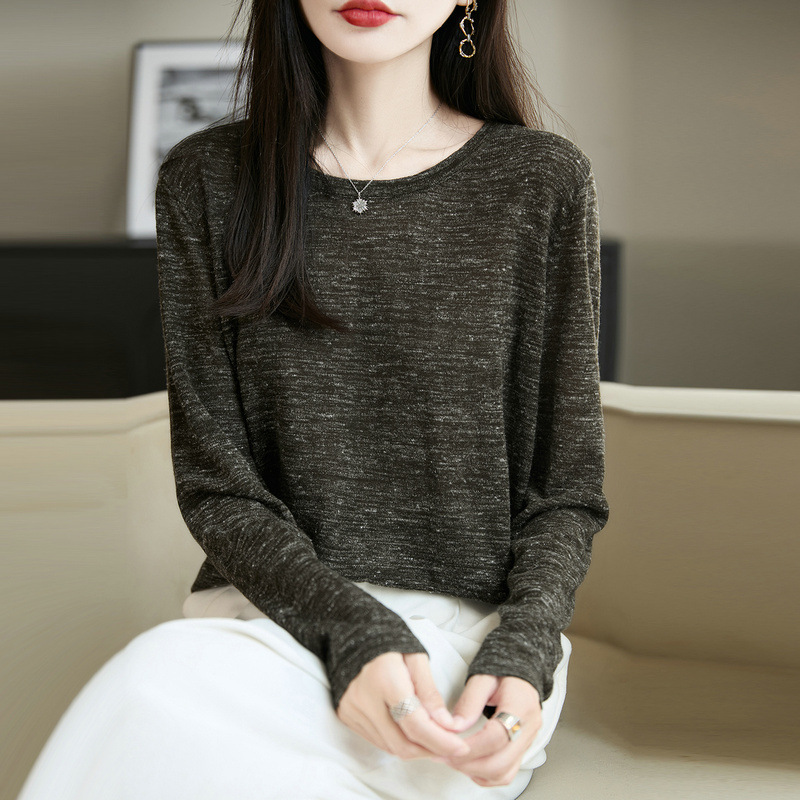 彩麻系列亚麻混纺点纱针织圆领简约套头长袖针织衫早秋薄毛衣女|undefined
