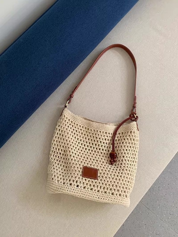 夏中空織バッグ 2025 新しい怠惰なスタイルリラックスショルダーバッグ休暇旅行トートバッグビーチバッグ|undefined