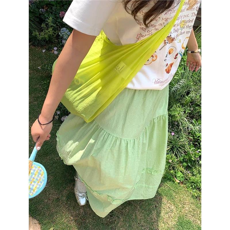 韩系少女甜美半身裙长裙清爽百搭高腰显瘦度假风拼接设计感花边裙|undefined