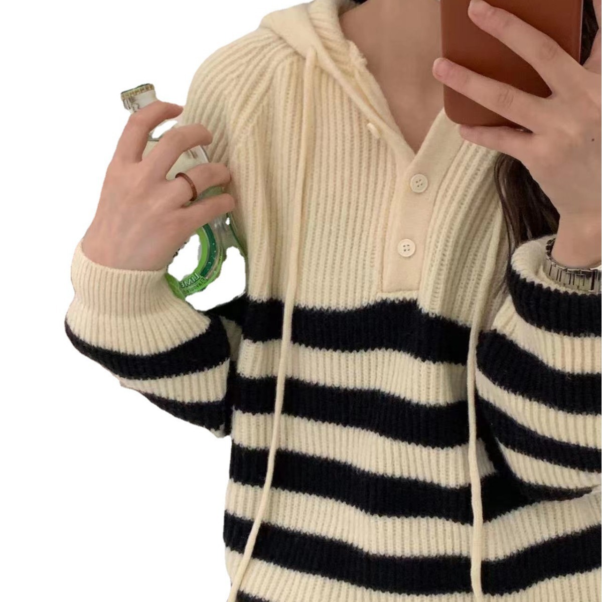Suéter de punto con capucha para mujer, suéter a rayas con bloques de color, otoño e invierno, nuevo estilo, estilo perezoso, holgado, adelgazante, reductor de edad, 2024