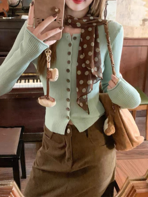 韩系绿色短款长袖针织衫女早秋修身薄款毛衣开衫单穿上衣秋上新|undefined