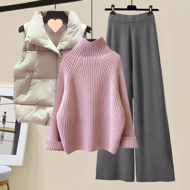 冬服、新しいスタイルの綿のベスト、タートルネックセーター、女性のスリムなワイドレッグパンツの3点セット|undefined