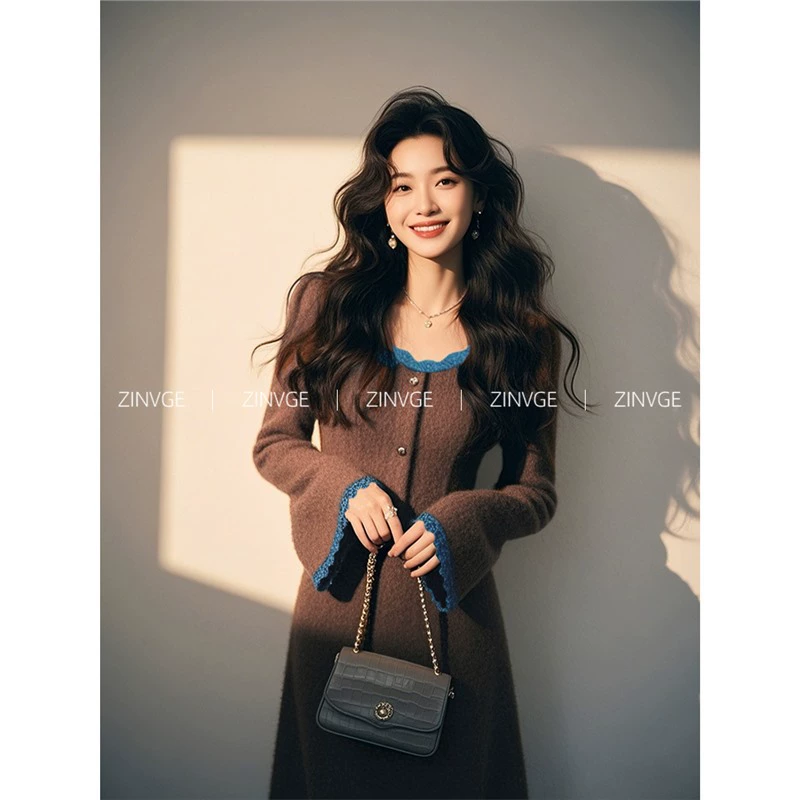 YT397230 Французский темперамент карри трикотажное платье с квадратным воротником для детей 2025