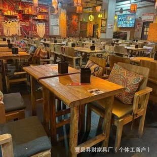 Folk Collection Solid Wood Tables and Chairs Old Elm Tavern Dining Table and Chairs Bar Booth Backrest Chair Cafe Barbecue Shop Table and Chairs