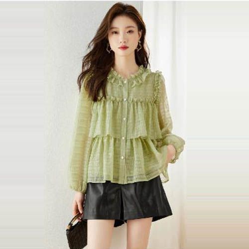 2024 봄과 가을 새로운 긴 소매 인형 셔츠 쉬폰 셔츠 여성 탑베이스 셔츠 스타일리시 슬림 핏 슬리밍 올 매치 칼라