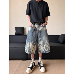 Washed Tie-Dye Blue Denim Cropped Shorts for Men, Trendy Brand, Loose Straight Pants, Handsome Lightning Pattern Printed Mid-Pants