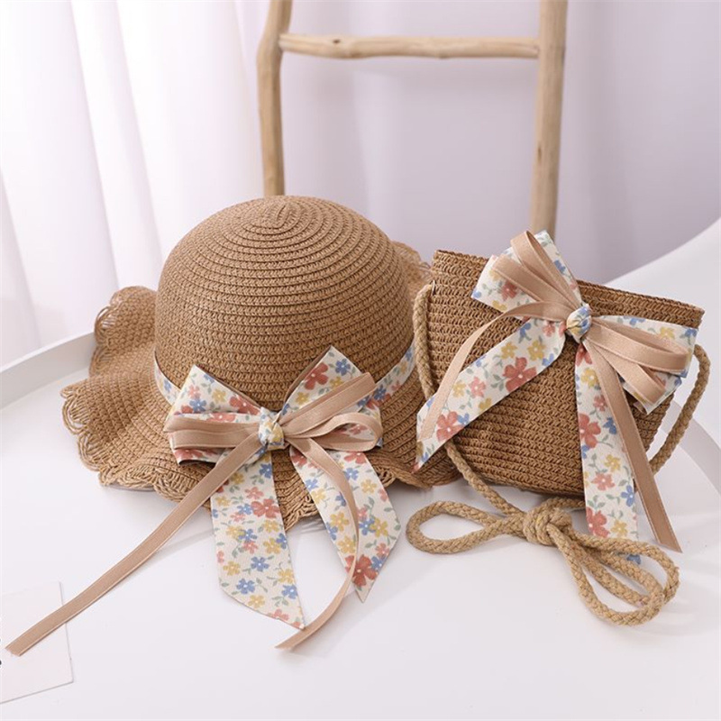 Double-layer large bow wavy edge straw hat - Khaki