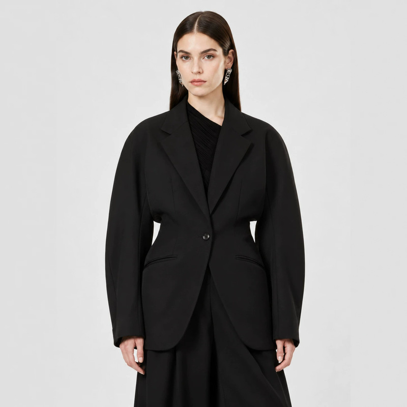 Müller Haute Couture Women's Black V-Neck Blazer 2026 Autumn New Collection Niche Design Fitted Elegant Top