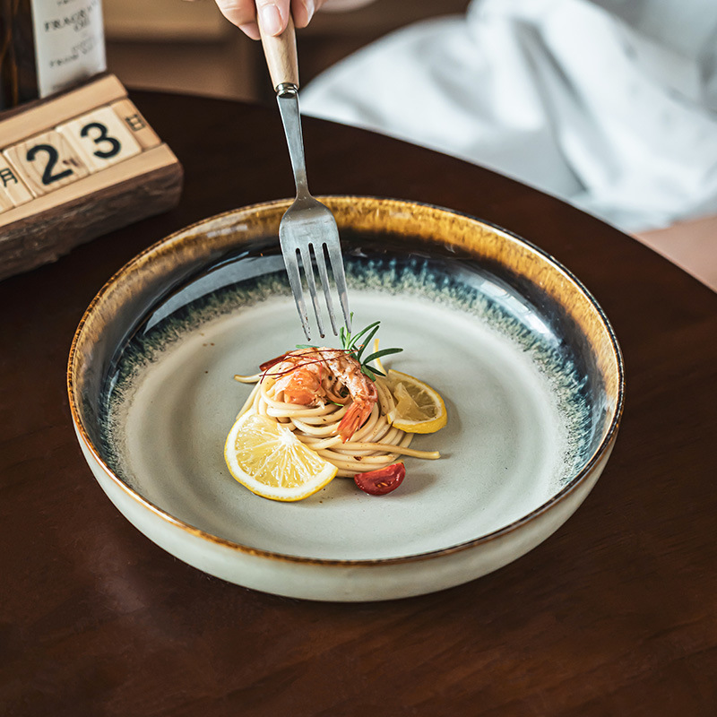 Estilo retro, contraste de color, horno, cerámica vidriada, plato profundo, vajilla para el hogar, plato creativo, plato de pasta, plato de ensalada