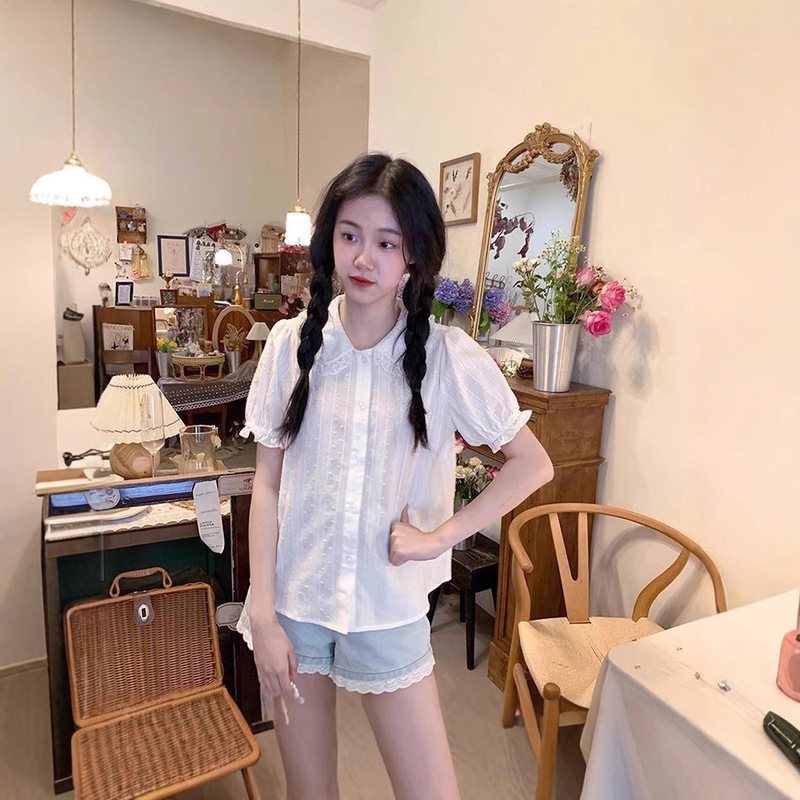 Shirt Cute Soft Girl Doll Collar Summer New Short-Sleeved Lace Puff Sleeves Large Lapel Lace Can Be Worn Inside the Top