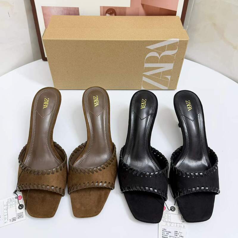 Za Spring and Summer New Style Woven Decorative Square-Toe Mules Beach Vacation Style High-Heeled Slippers One-Strap High-Heeled Shoes Za Spring and Summer New Style Woven Decorative Square-Toe Mules Beach Vacation Style High-Heeled Slippers One-Strap High-Heeled Shoes