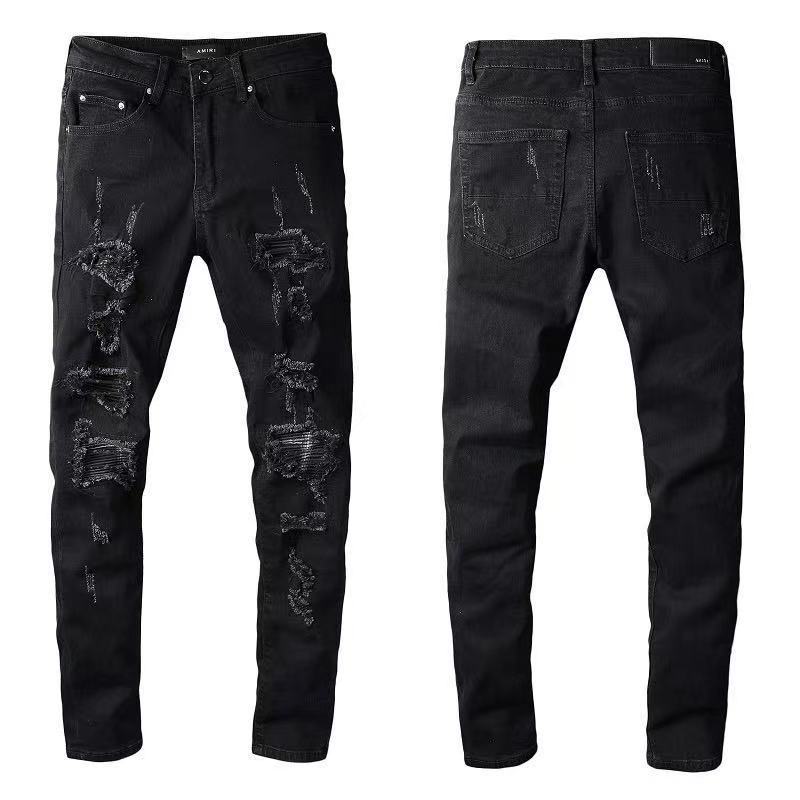 OFF AMIRI Black Jeans Men's Scratch Hole Patch Beggar's Pants Elastic Slim Skinny Pants
