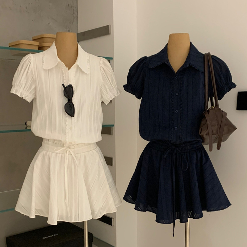 Wgwe8970 Summer Gentle Style Lace Polo Collar Shirt Dress for Women, Summer Waist-Cinching Slimming A-Line Short Skirt, Age-Reducing